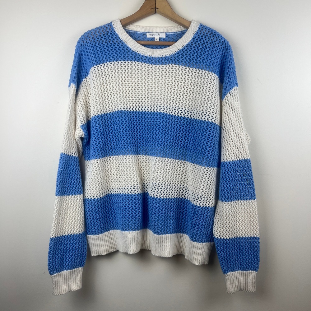 Wishlist Blue White Striped Open Knit Crochet Cotton Sweater Large Womens